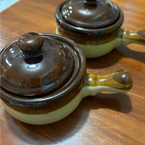 Set of 2 Feuerfest Germany Soup Chili Bowl Handle & Lid Brown Stoneware
